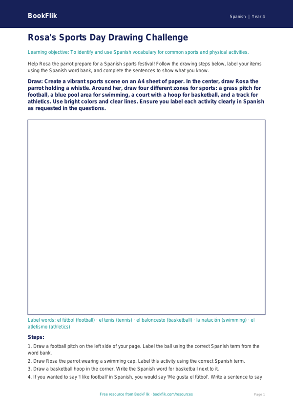 Spanish sports drawing sheet grade 3 core worksheet preview — Spanish Sports