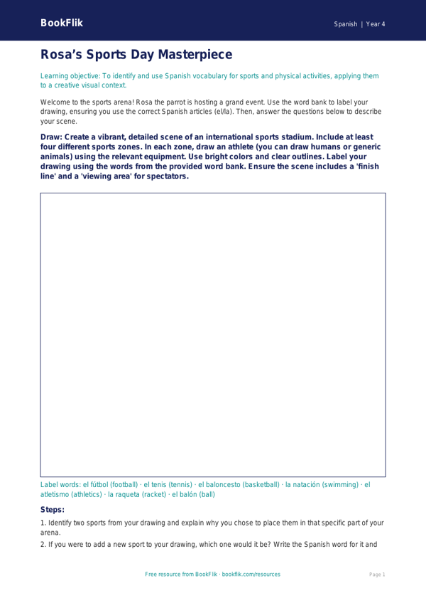 Free Sports Drawing Sheet | Grade 3 | Spanish | BookFlik worksheet preview — Spanish Sports