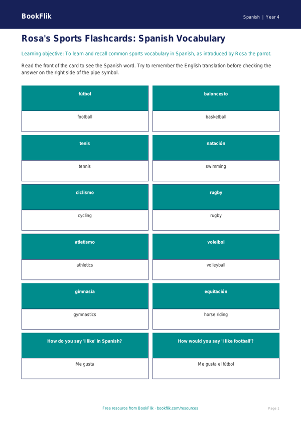 Spanish sports flashcards grade 3 core worksheet preview — Spanish Sports