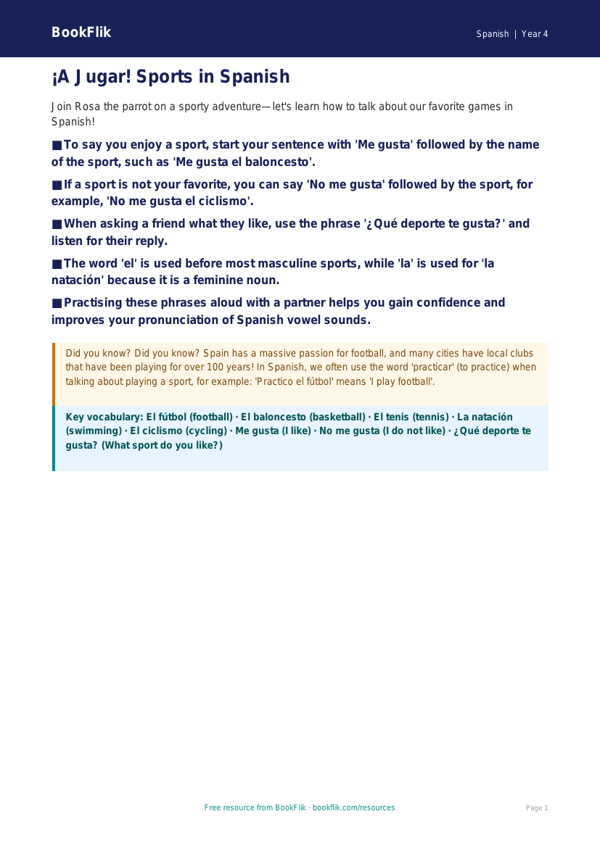 Free Sports Poster | Grade 3 | Spanish | BookFlik worksheet preview — Spanish Sports