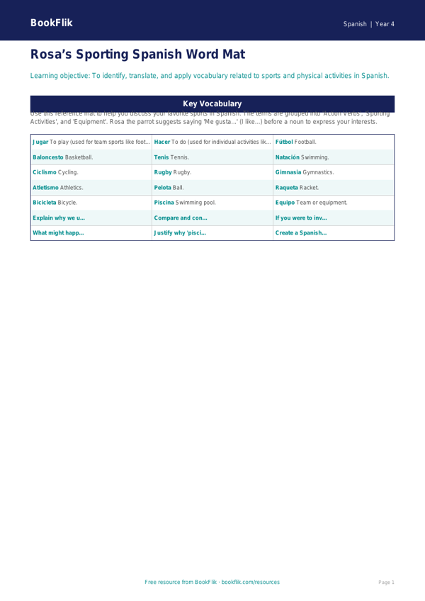 Free Sports Word Mat | Grade 3 Spanish | BookFlik worksheet preview — Spanish Sports