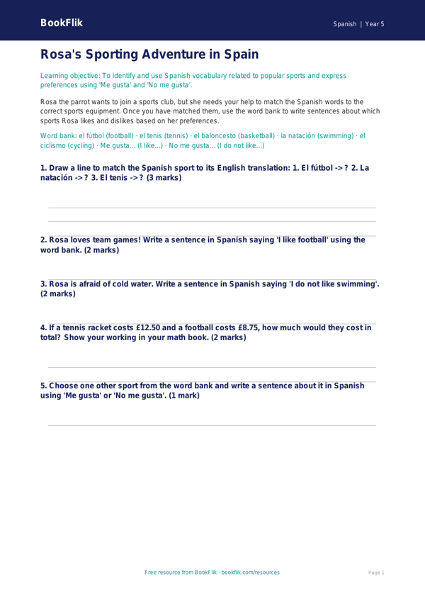 Free Sports Activity Sheet | Grade 4 | Spanish | BookFlik worksheet preview — Spanish Sports