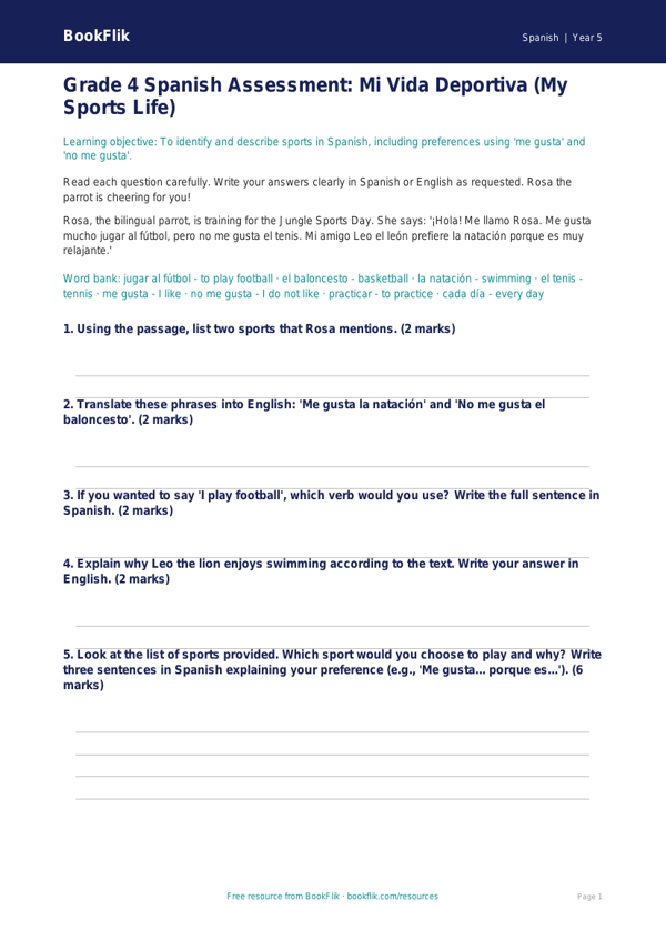 Spanish Sports Vocabulary Worksheet | Grade 4 | BookFlik worksheet preview — Spanish Sports