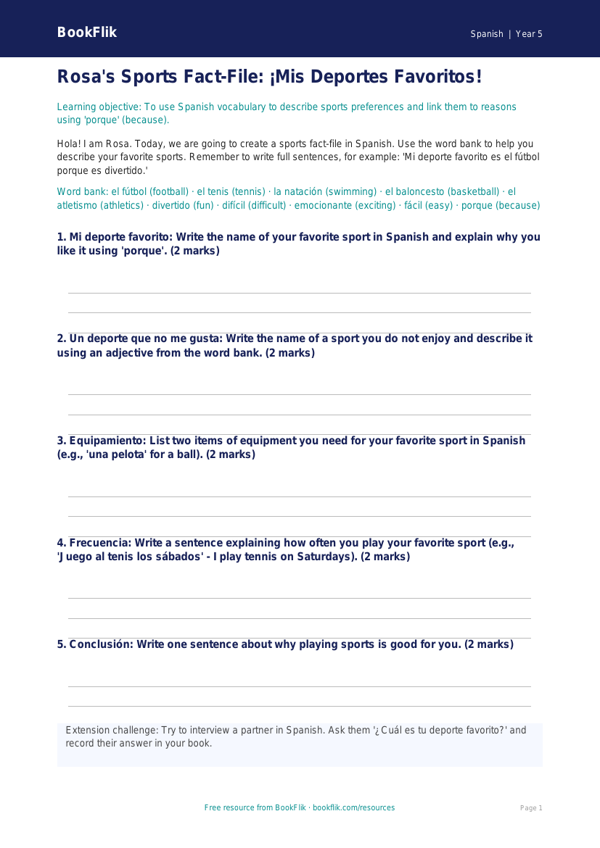 Sports Vocabulary Worksheet | Grade 4 Spanish | BookFlik worksheet preview — Spanish Sports