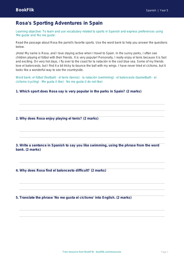 Free Sports Track Sheet | Grade 4 | Spanish | BookFlik worksheet preview — Spanish Sports
