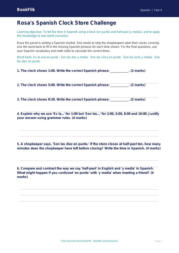 Free Telling The Time Activity Sheet | Grade 3 | Spanish | BookFlik worksheet preview — Spanish Telling The Time