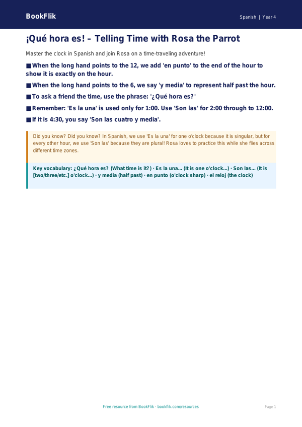 Free Telling The Time Poster | Grade 3 | Spanish | BookFlik worksheet preview — Spanish Telling The Time