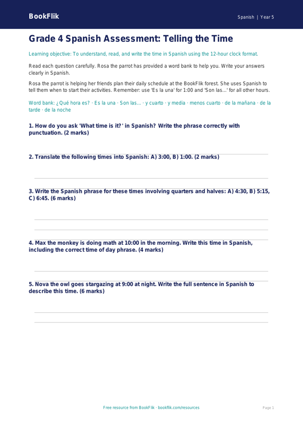 Free Telling The Time Assessment | Grade 4 | Spanish | BookFlik worksheet preview — Spanish Telling The Time