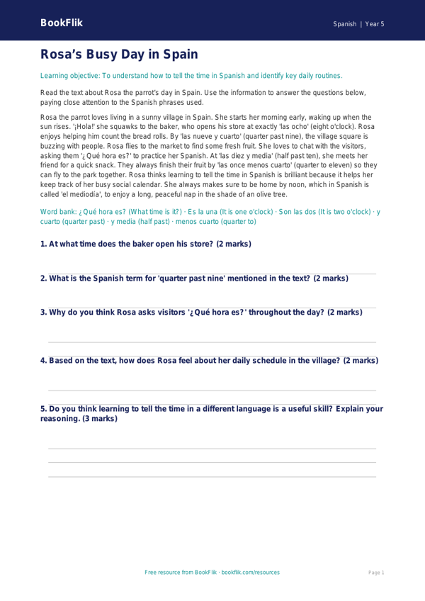 Free Telling The Time Comprehension | Grade 4 | Spanish | BookFlik worksheet preview — Spanish Telling The Time