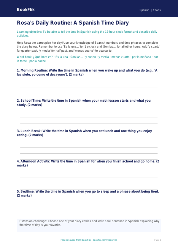 Telling Time in Spanish Worksheet | Grade 4 | BookFlik worksheet preview — Spanish Telling The Time