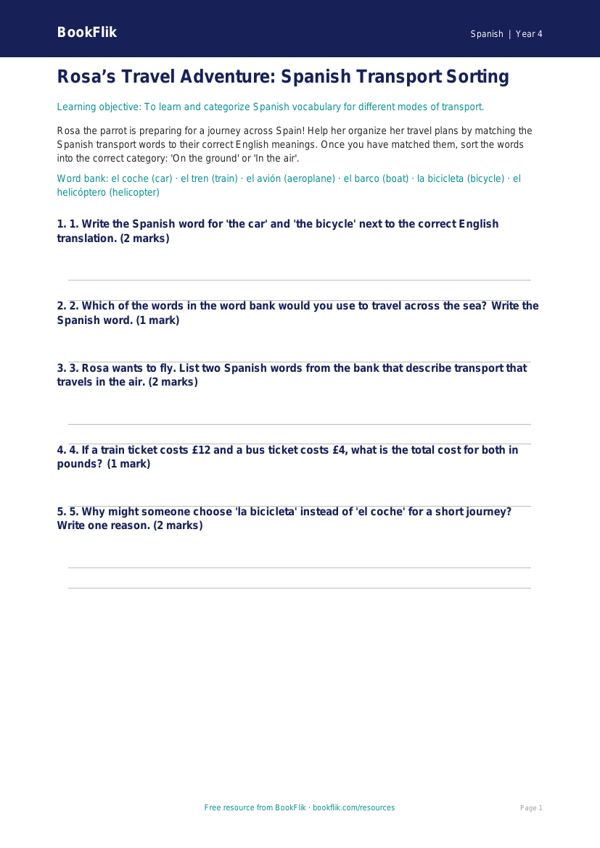 Free Transport Activity Sheet | Grade 3 | Spanish | BookFlik worksheet preview — Spanish Transport