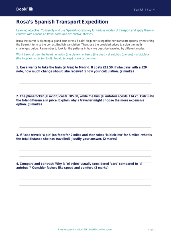Free Transport Activity Sheet | Grade 3 | Spanish | BookFlik worksheet preview — Spanish Transport