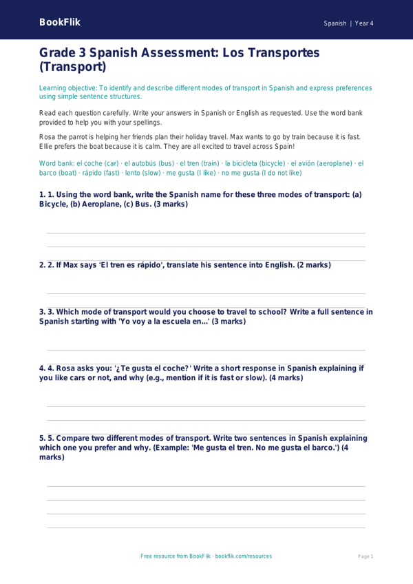Free Transport Assessment | Grade 3 | Spanish | BookFlik worksheet preview — Spanish Transport