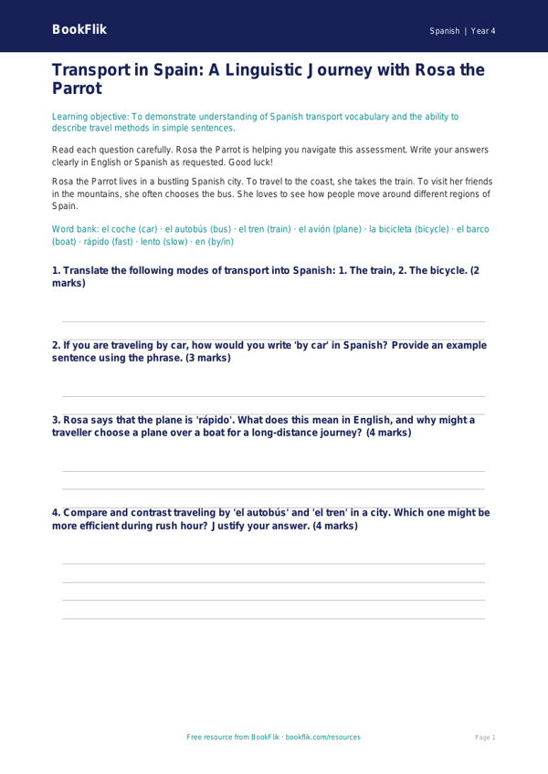 Spanish Transport Assessment for Grade 3 | Greater Depth | BookFlik worksheet preview — Spanish Transport