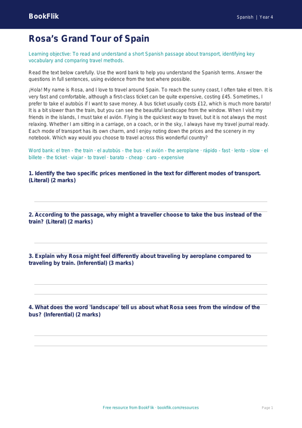 Free Transport Comprehension | Grade 3 | Spanish | BookFlik worksheet preview — Spanish Transport