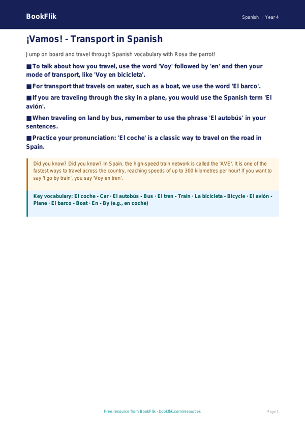Free Spanish Transport Poster | Grade 3 | BookFlik worksheet preview — Spanish Transport