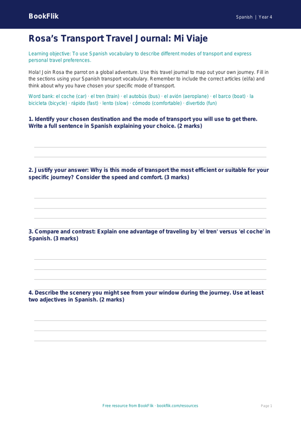 Spanish Transport Vocabulary & Activities | Grade 3 | BookFlik worksheet preview — Spanish Transport