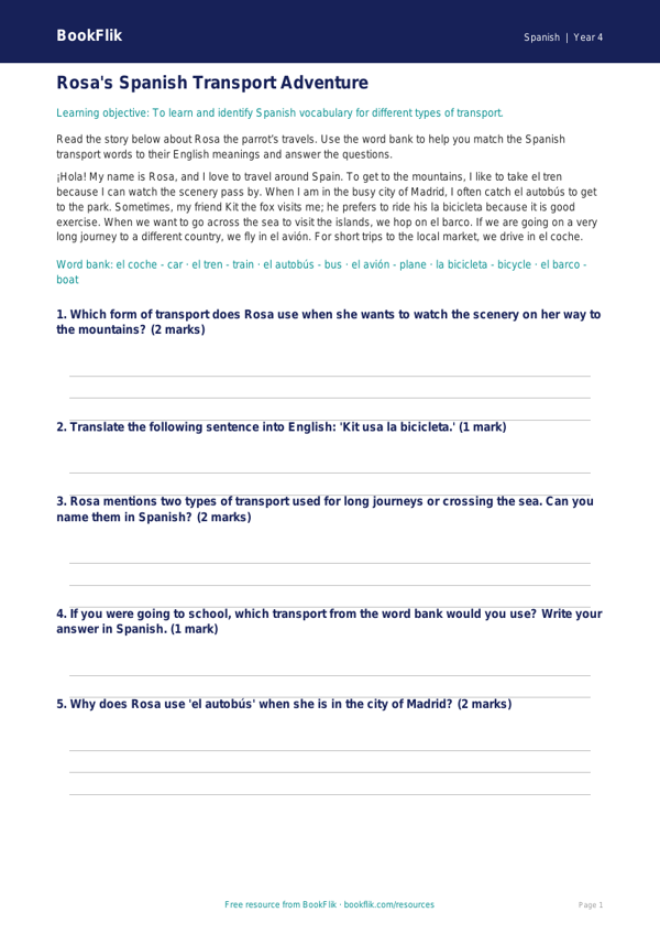 Free Transport Track Sheet | Grade 3 | Spanish | BookFlik worksheet preview — Spanish Transport
