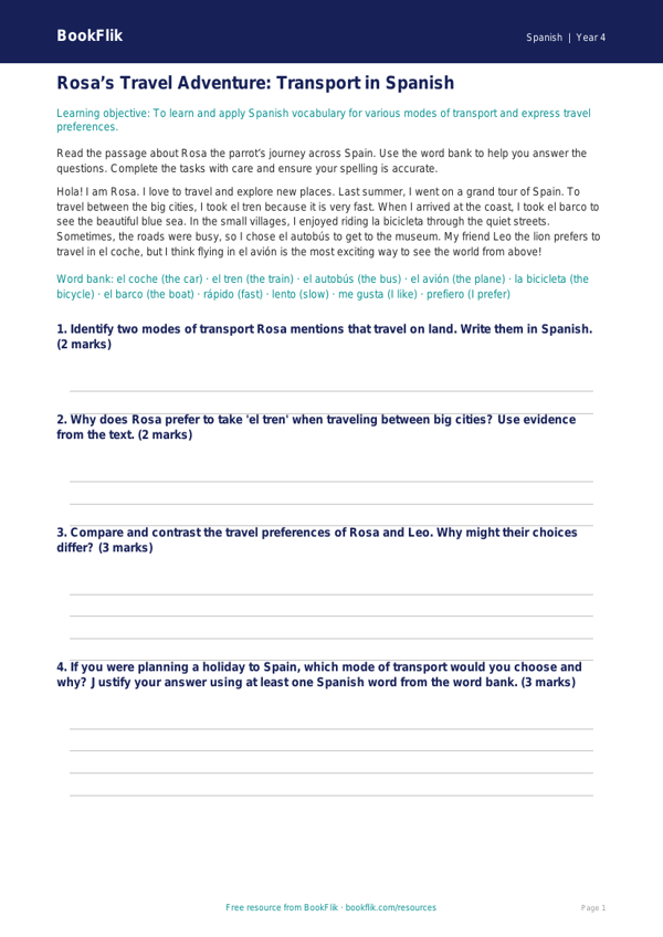 Free Spanish Transport Track Sheet | Grade 3 | BookFlik worksheet preview — Spanish Transport