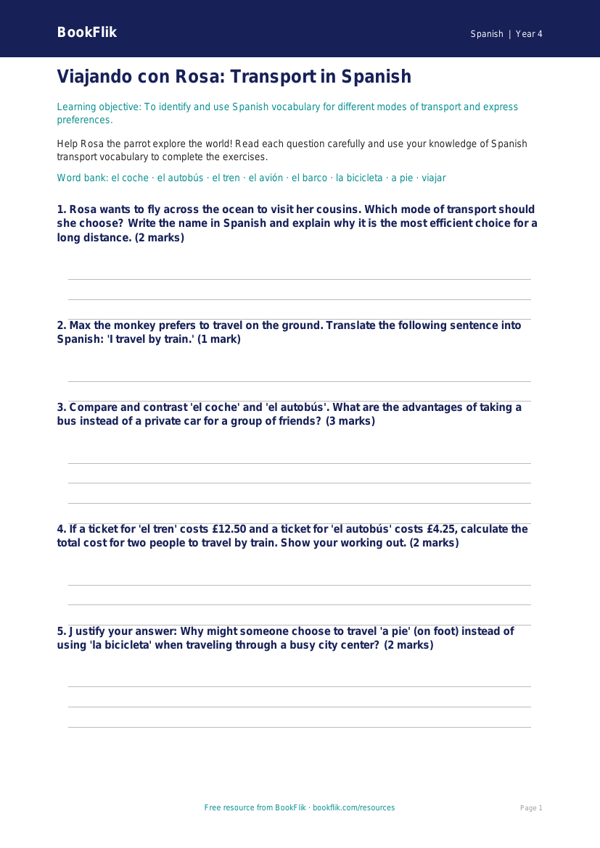 Free Spanish Transport Worksheet | Grade 3 | BookFlik worksheet preview — Spanish Transport