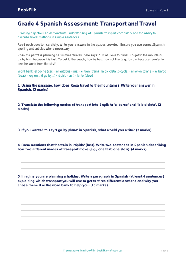 Free Spanish Transport Assessment | Grade 4 | BookFlik worksheet preview — Spanish Transport