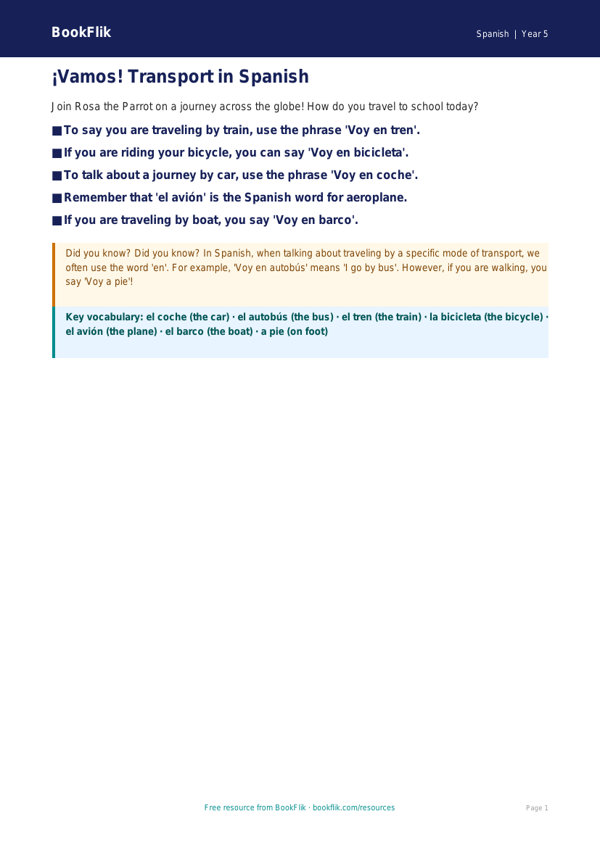 Free Spanish Transport Poster | Grade 4 | BookFlik worksheet preview — Spanish Transport