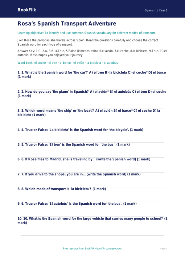 Transport Quiz Grade 4 Free | Spanish Vocabulary | BookFlik worksheet preview — Spanish Transport