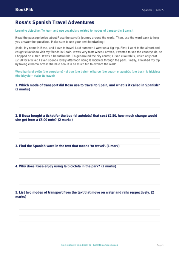 Free Transport Track Sheet | Grade 4 | Spanish | BookFlik worksheet preview — Spanish Transport