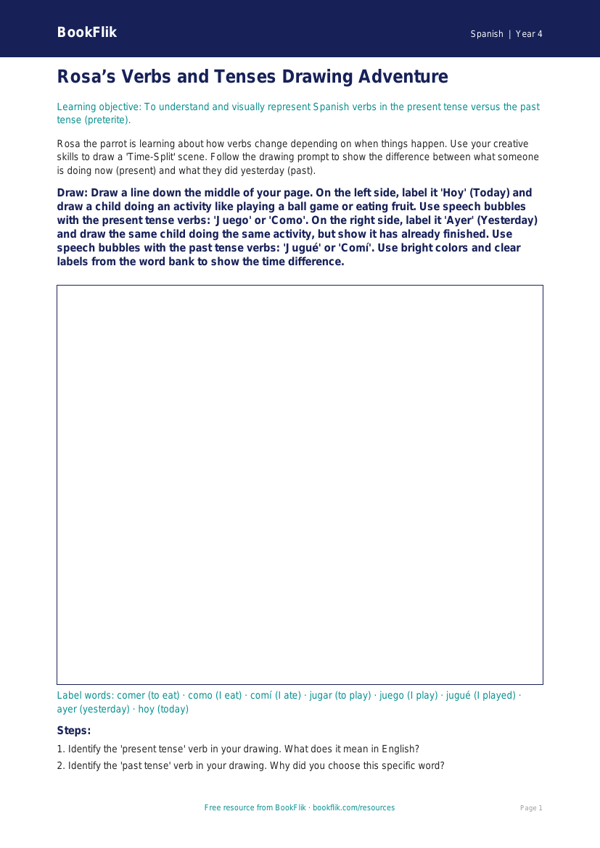 Free Verbs And Tenses Drawing Sheet | Grade 3 | Spanish | BookFlik worksheet preview — Spanish Verbs And Tenses