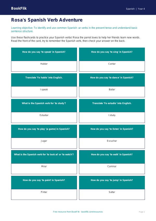 Free Verbs And Tenses Flashcards | Grade 3 | Spanish | BookFlik worksheet preview — Spanish Verbs And Tenses