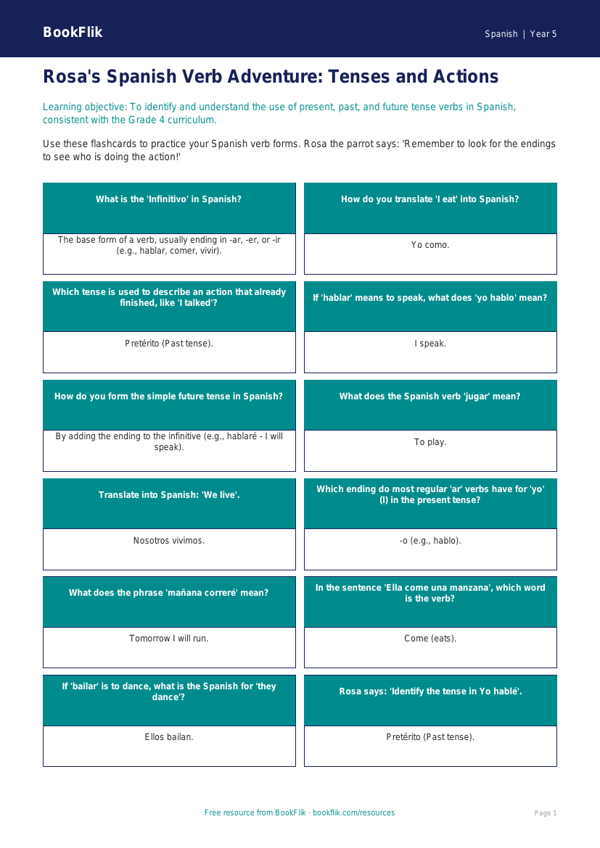 Free Verbs And Tenses Flashcards | Grade 4 | Spanish | BookFlik worksheet preview — Spanish Verbs And Tenses