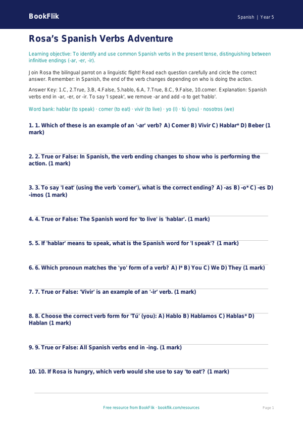 Free Verbs and Tenses Quiz | Grade 4 Spanish | BookFlik worksheet preview — Spanish Verbs And Tenses