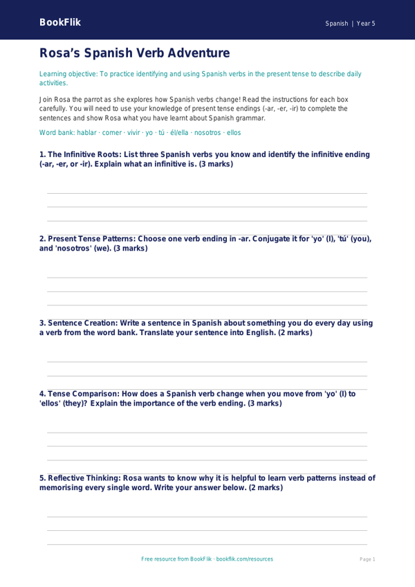 Free Verbs And Tenses Template | Grade 4 | Spanish | BookFlik worksheet preview — Spanish Verbs And Tenses