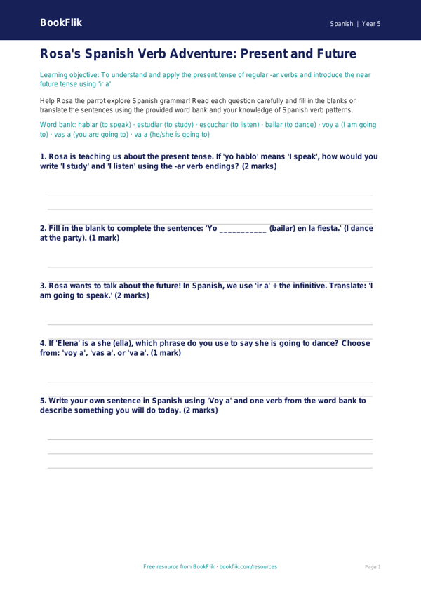 Free Verbs And Tenses Worksheet | Grade 4 | Spanish | BookFlik worksheet preview — Spanish Verbs And Tenses