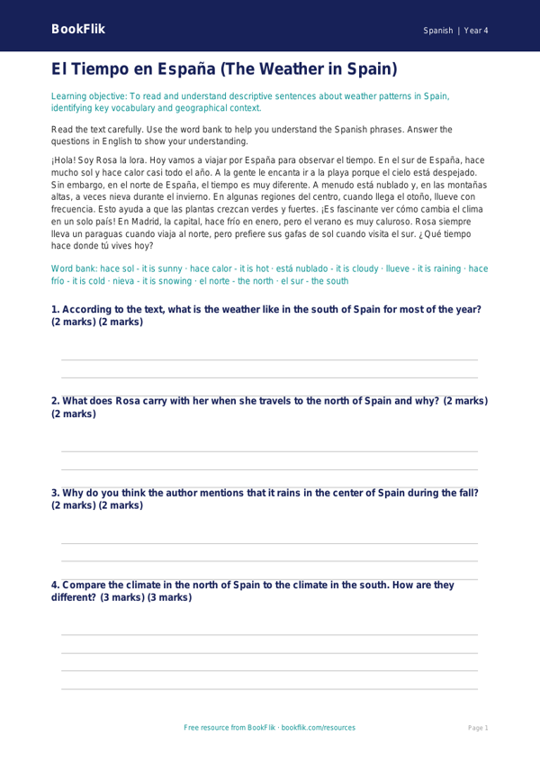 Weather Comprehension Grade 3 Free | Spanish Lesson | BookFlik worksheet preview — Spanish Weather