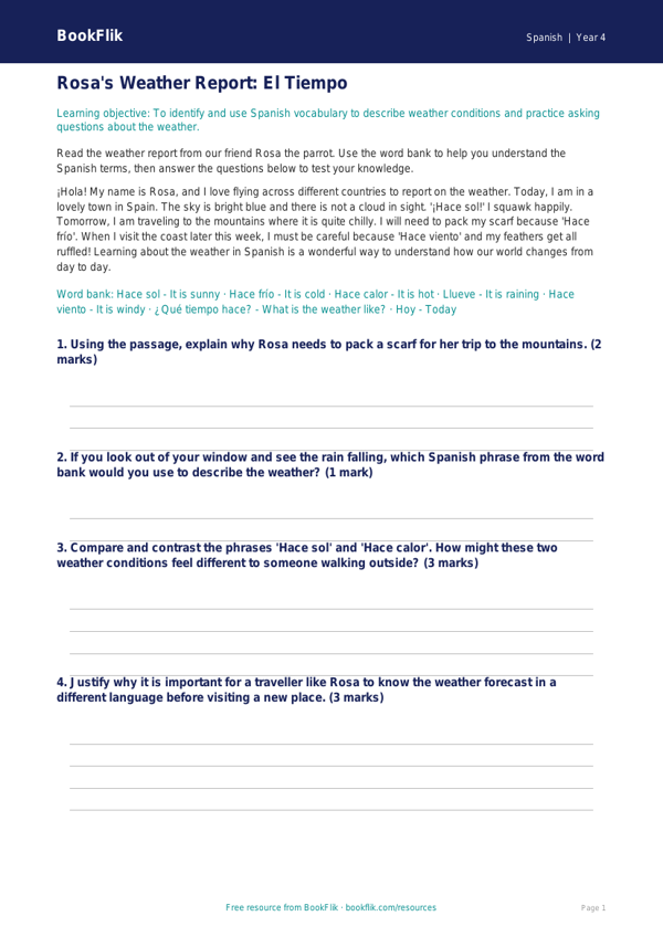 Free Weather Track Sheet | Grade 3 | Spanish | BookFlik worksheet preview — Spanish Weather