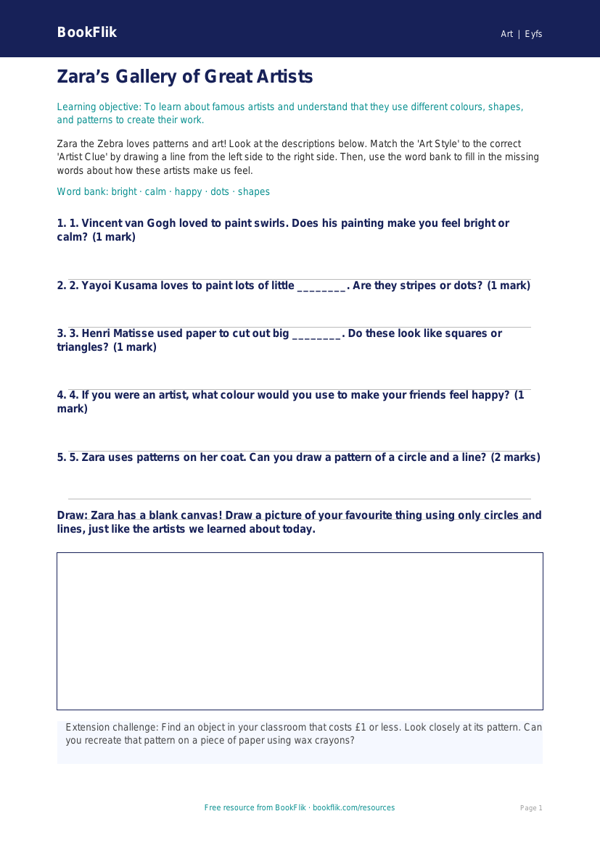 Free Famous Artists Activity Sheet | Foundation | Art | BookFlik worksheet preview — Art Famous Artists