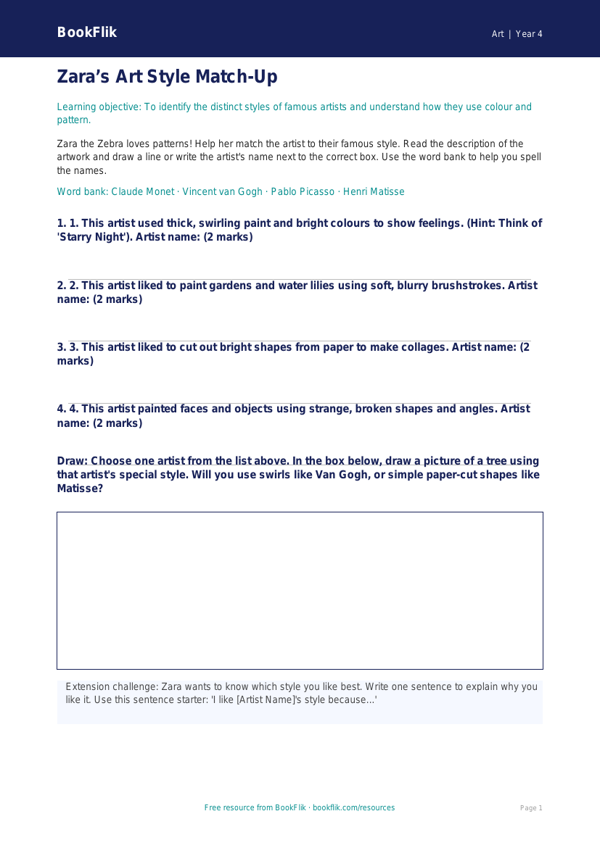 Free Famous Artists Activity Sheet | Year 4 | Art | BookFlik worksheet preview — Art Famous Artists