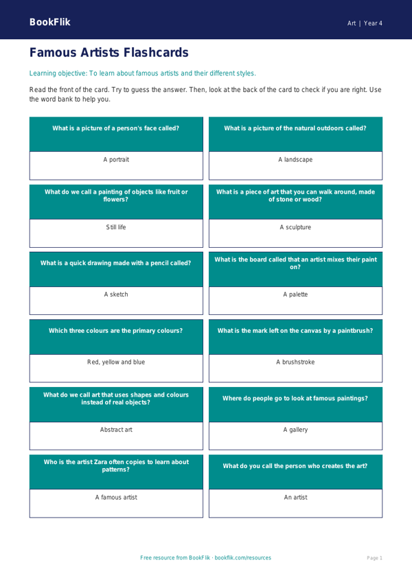 Famous Artists Flashcards for Year 4 | Art | BookFlik AU worksheet preview — Art Famous Artists