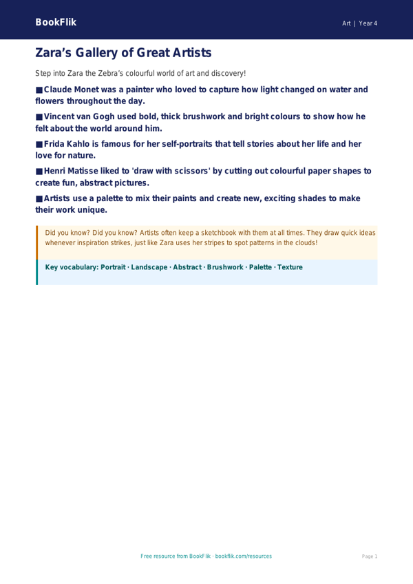 Famous Artists Poster Activity | Year 4 Art | BookFlik worksheet preview — Art Famous Artists