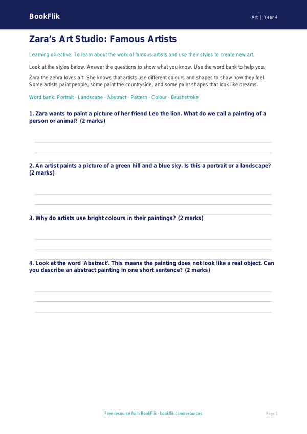 Free Famous Artists Worksheet | Year 4 | Art | BookFlik worksheet preview — Art Famous Artists