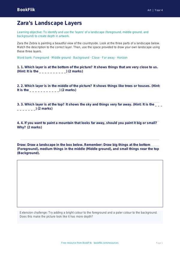 Free Landscapes Activity Sheet | Year 4 | Art | BookFlik worksheet preview — Art Landscapes
