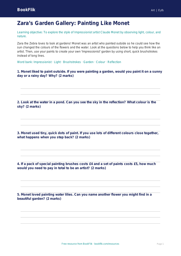 Free Monet Activity Sheet | Foundation | Art | BookFlik worksheet preview — Art Monet