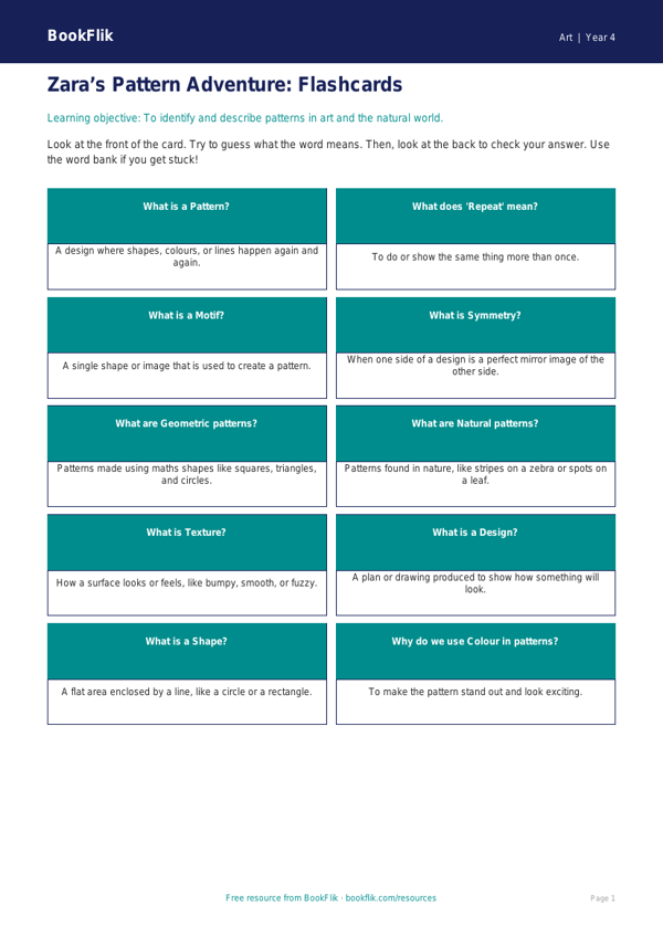 Free Pattern Flashcards | Year 4 | Art | BookFlik worksheet preview — Art Pattern