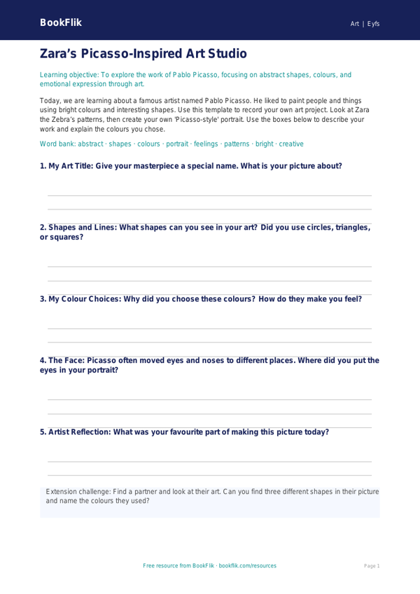 Picasso Art Lesson for Foundation | Australian Curriculum | BookFlik worksheet preview — Art Picasso