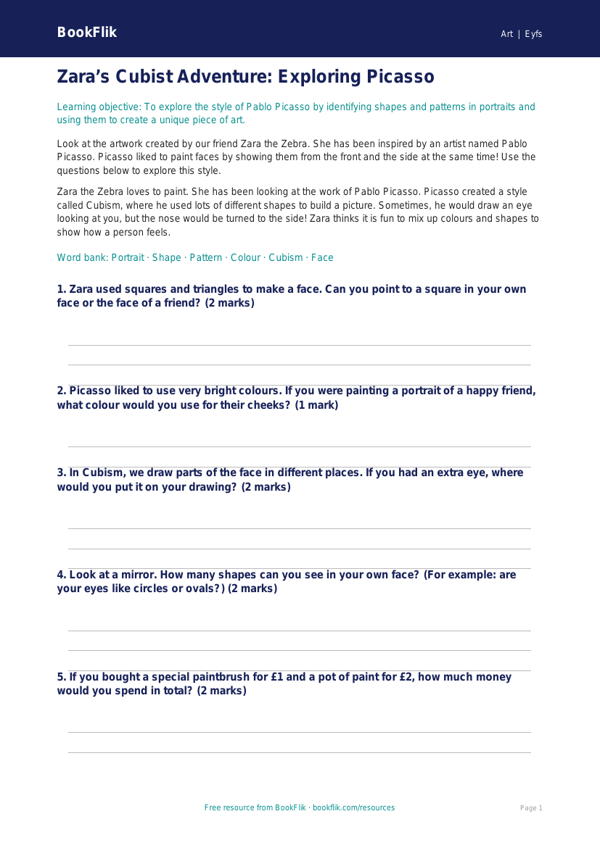 Free Picasso Worksheet | Foundation | Art | BookFlik worksheet preview — Art Picasso