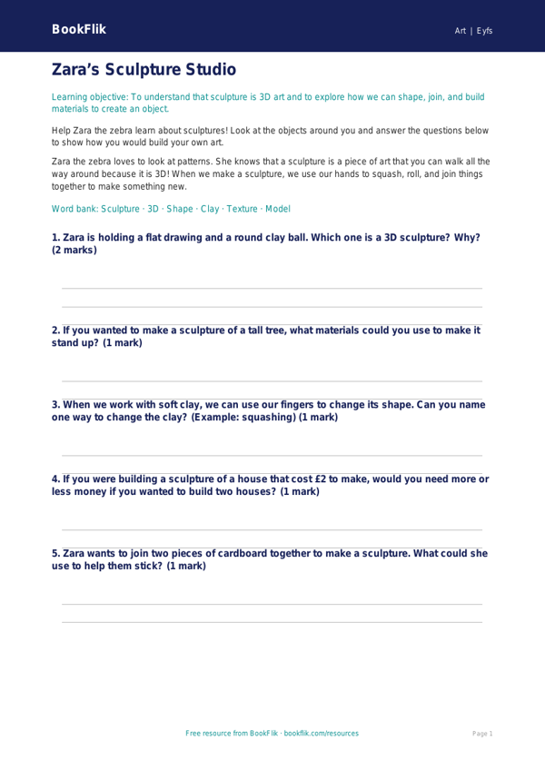 Free Sculpture Worksheet | Foundation | Art | BookFlik worksheet preview — Art Sculpture