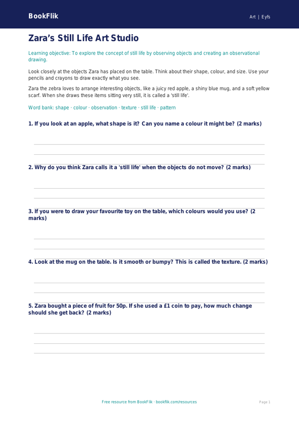 Free Still Life Worksheet | Foundation | Art | BookFlik worksheet preview — Art Still Life