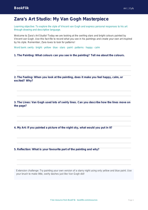 Free Van Gogh Art Template | Foundation | Australian Curriculum worksheet preview — Art Van Gogh