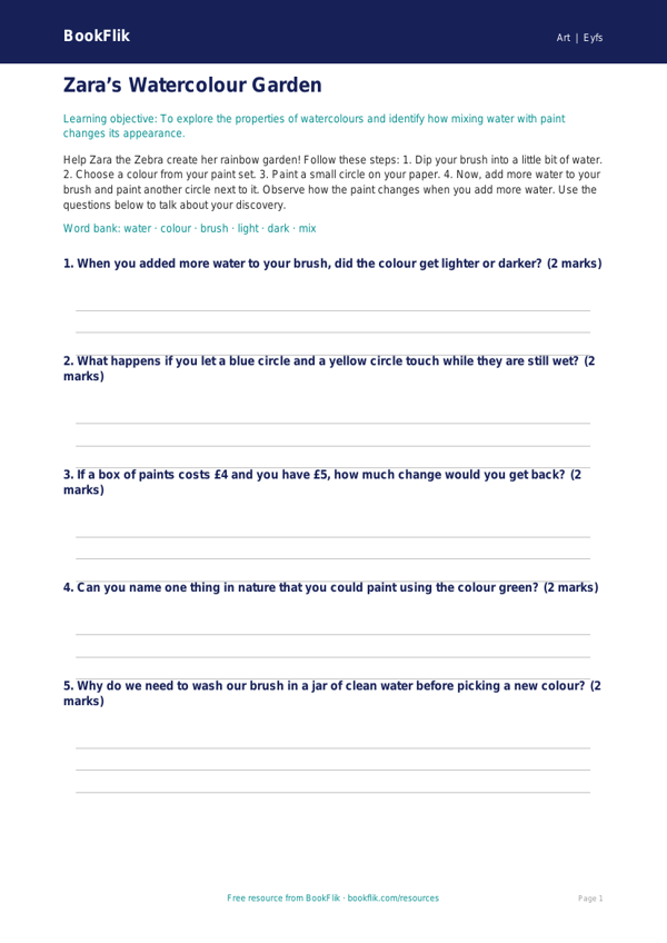 Free Watercolour Activity Sheet | Foundation | Art | BookFlik worksheet preview — Art Watercolour